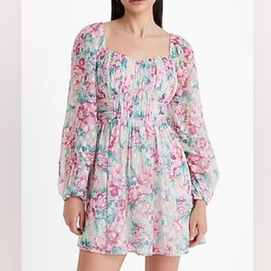 Floral Sweetheart Neckline Long Sleeve Mini Babydoll Dress